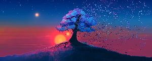 Lone Tree on Hilltop with Dissolving Leaves Against Vibrant Sunset Sky HD wallpaper