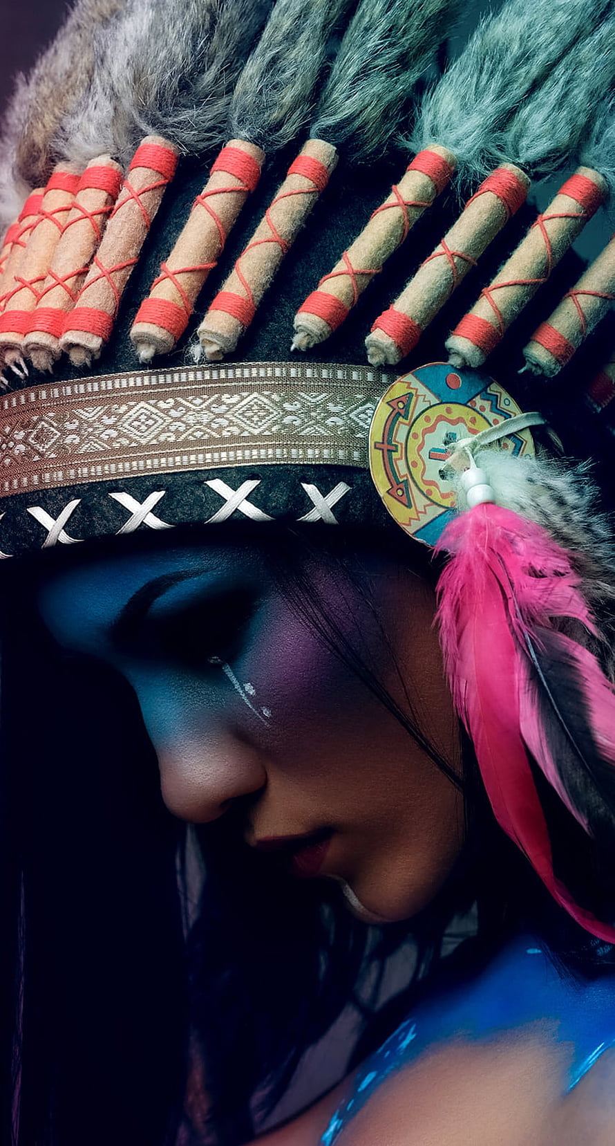 Native American Woman Wearing Traditional Headdress With Feathers And Beaded Band HD phone wallpaper