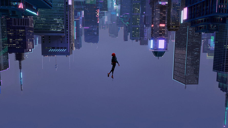 Miles Morales swinging through a neon-lit futuristic cityscape in Spider-Verse style HD wallpaper