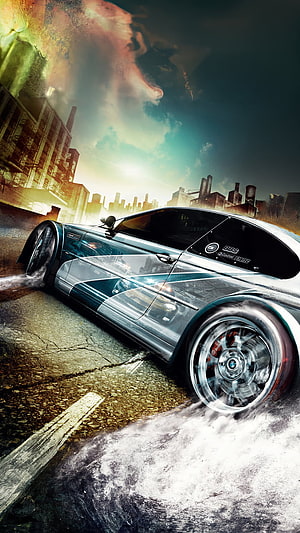 Need For Speed Stylized BMW M3 Drift Scene With Industrial City Skyline And Dramatic Lighting HD phone wallpaper