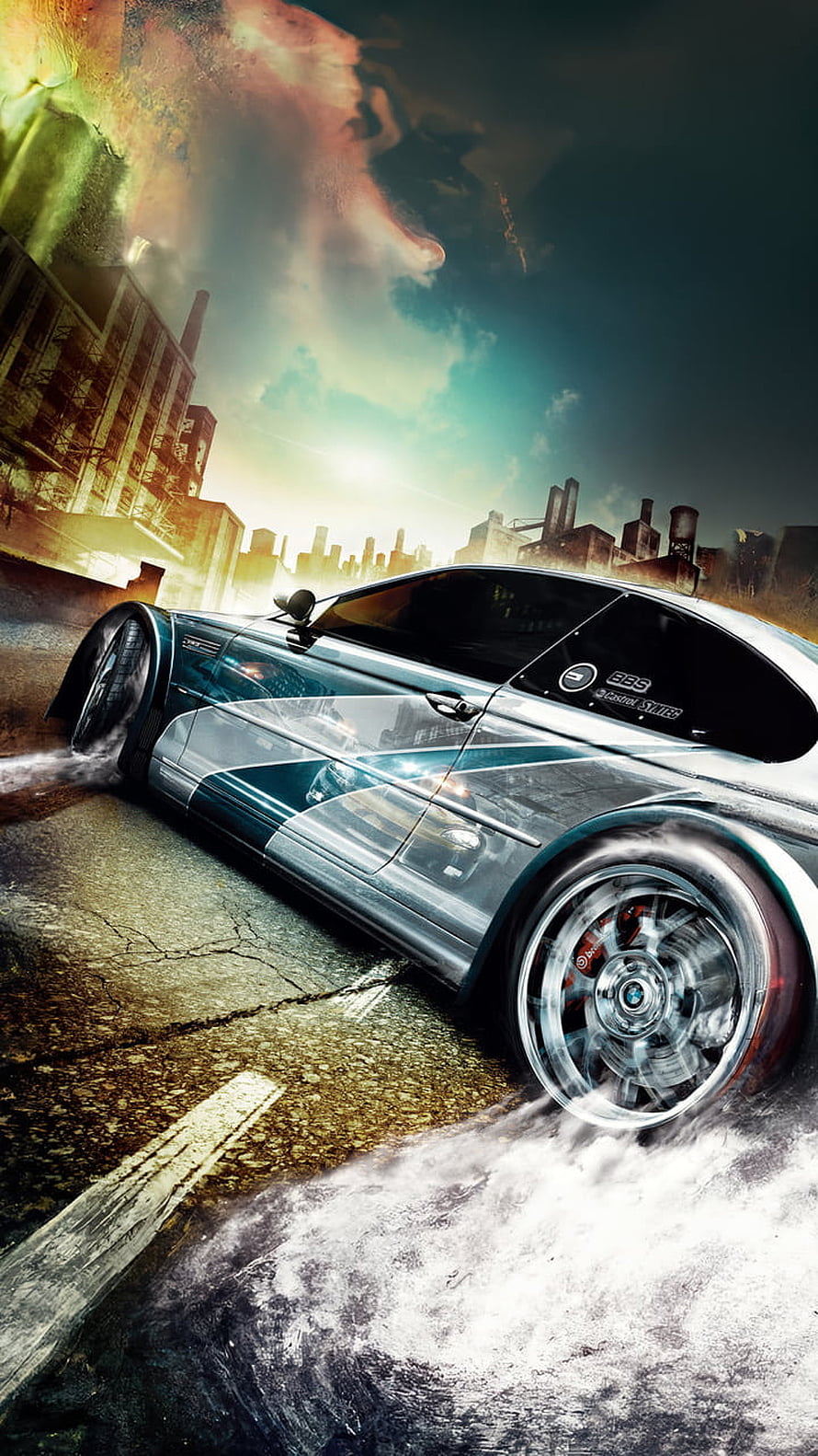Need For Speed Stylized BMW M3 Drift Scene With Industrial City Skyline And Dramatic Lighting HD phone wallpaper