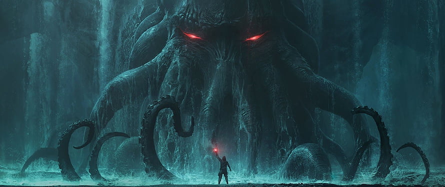 Cthulhu Confrontation: Lone Warrior Faces the Ancient Deep One in Dark Fantasy HD wallpaper