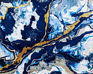Abstract Fluid Art with Navy Blue, White, and Gold Marbled Swirls HD wallpaper