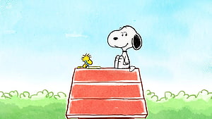 Snoopy and Woodstock Sitting on a Red Roof Under a Blue Sky HD wallpaper