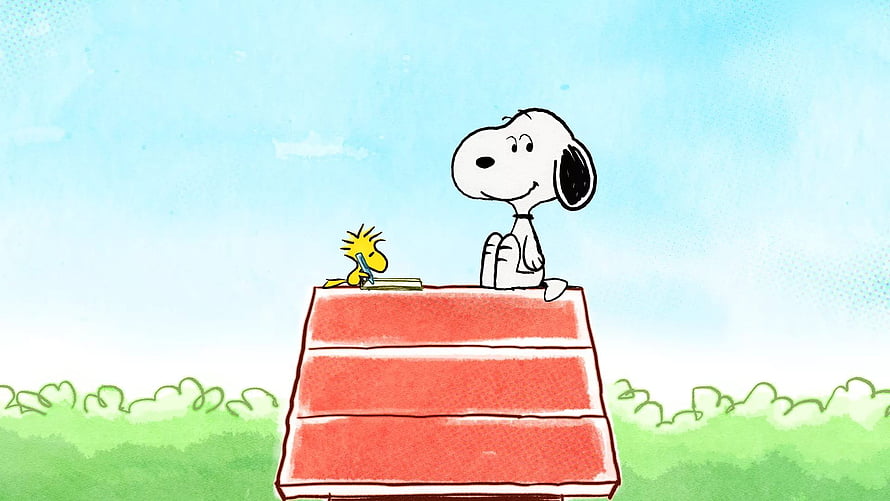 Snoopy and Woodstock Sitting on a Red Roof Under a Blue Sky HD wallpaper