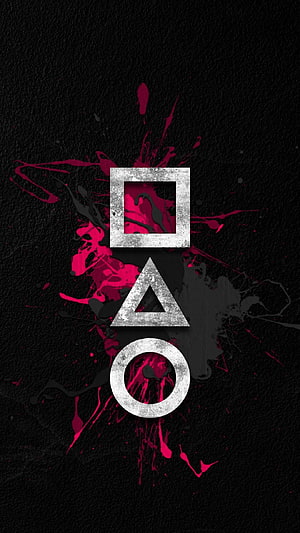 Squid Game Geometric Symbols with Crimson Ink Splatter on Black Background HD phone wallpaper