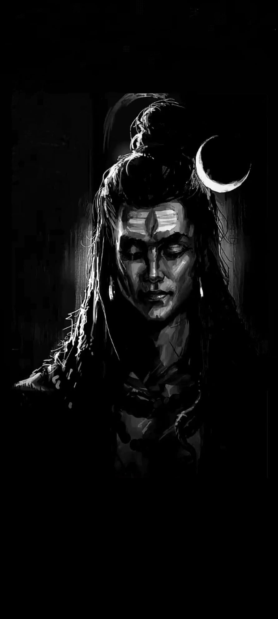 Monochrome Portrait of Lord Shiva with Crescent Moon and Third Eye HD phone wallpaper
