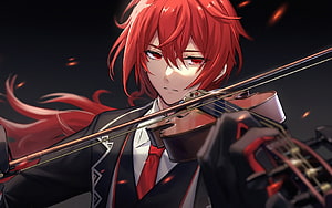 Diluc from Genshin Impact Playing Violin in Dark Fantasy Anime Artwork HD wallpaper