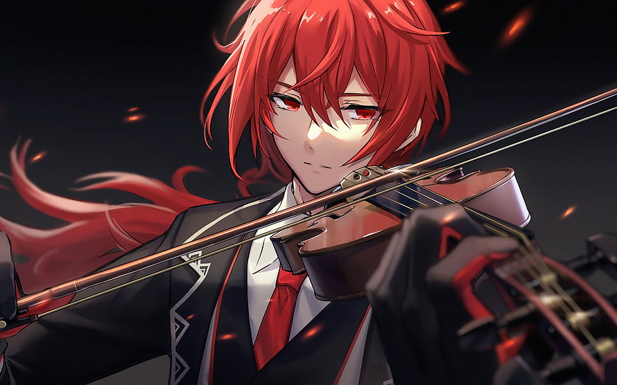 Diluc from Genshin Impact Playing Violin in Dark Fantasy Anime Artwork HD wallpaper