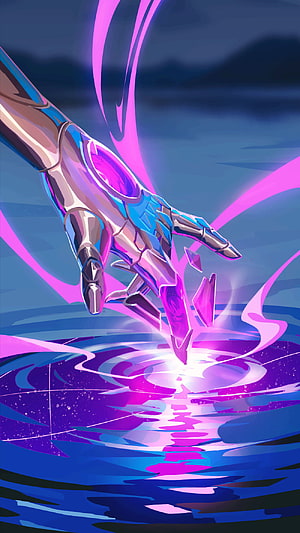 Astra from Valorant Reaching Into a Glowing Purple Energy Pool HD phone wallpaper