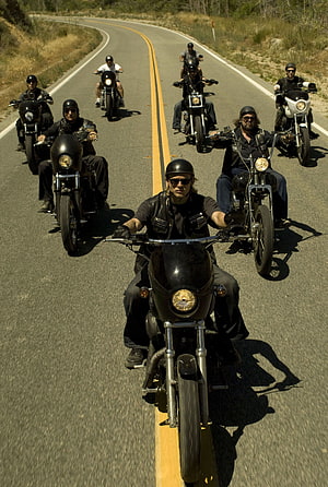 Sons of Anarchy Motorcycle Club Riding in Formation on a Winding Country Road HD phone wallpaper