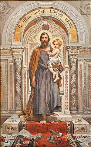 St. Joseph Holding the Christ Child in a Mosaic Archway with Latin Inscription HD phone wallpaper