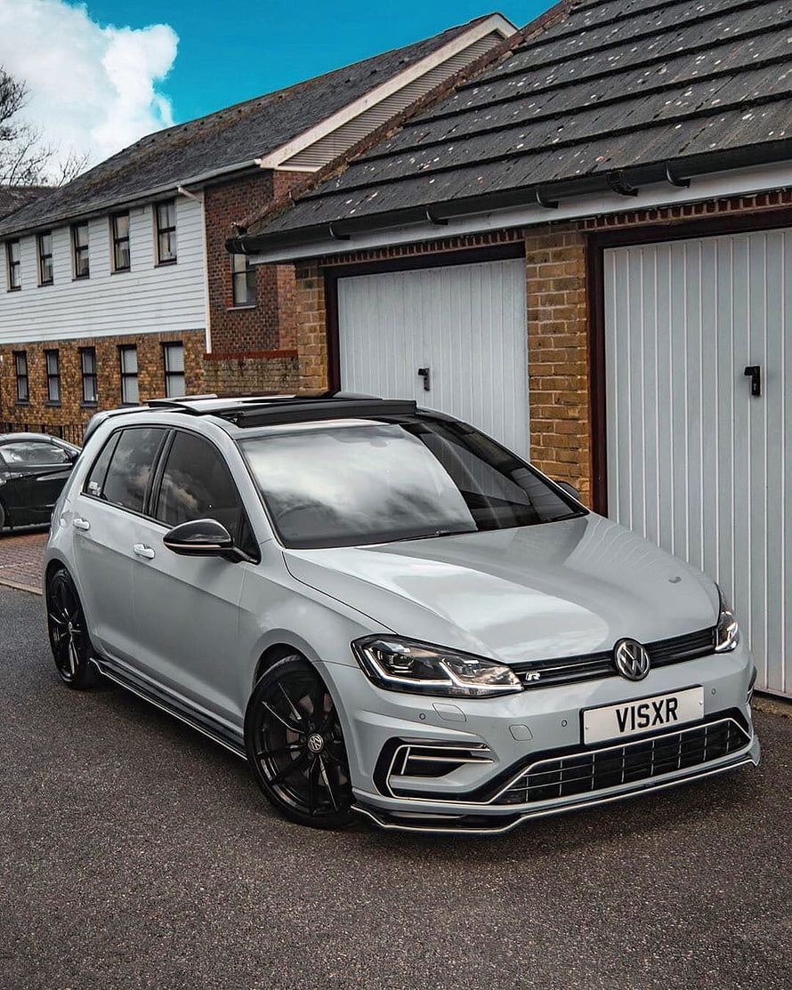 Silver Volkswagen Golf R hatchback parked in front of a brick garage with black alloy wheels HD phone wallpaper