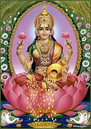 Goddess Lakshmi Seated on Lotus with Gold Coins and Elephants in Traditional Hindu Art HD phone wallpaper