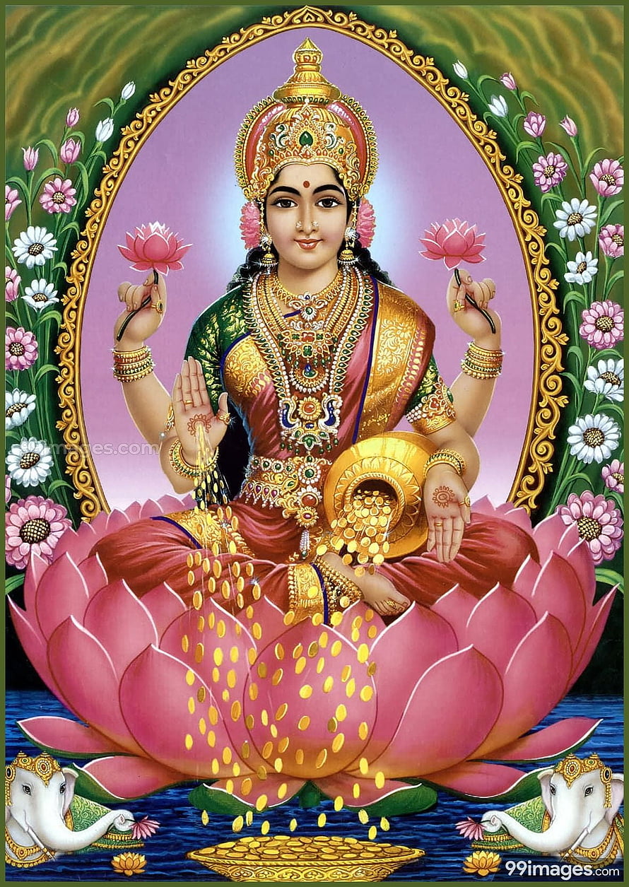 Goddess Lakshmi Seated on Lotus with Gold Coins and Elephants in Traditional Hindu Art HD phone wallpaper