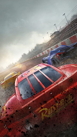 Pixar Cars Lightning McQueen Racing Scene on a Rainy Track HD phone wallpaper