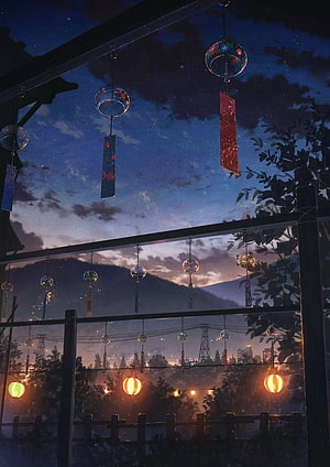 Japanese Wind Chimes and Lanterns Against a Starry Twilight Sky HD phone wallpaper