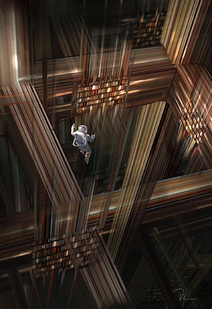 Interstellar Tesseract Scene with Cooper Falling Through Infinite Library Structure HD phone wallpaper