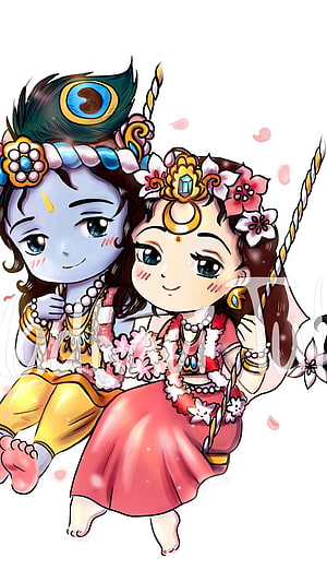 Cute Chibi Radha Krishna Illustration with Peacock Feather and Floral Garlands HD phone wallpaper