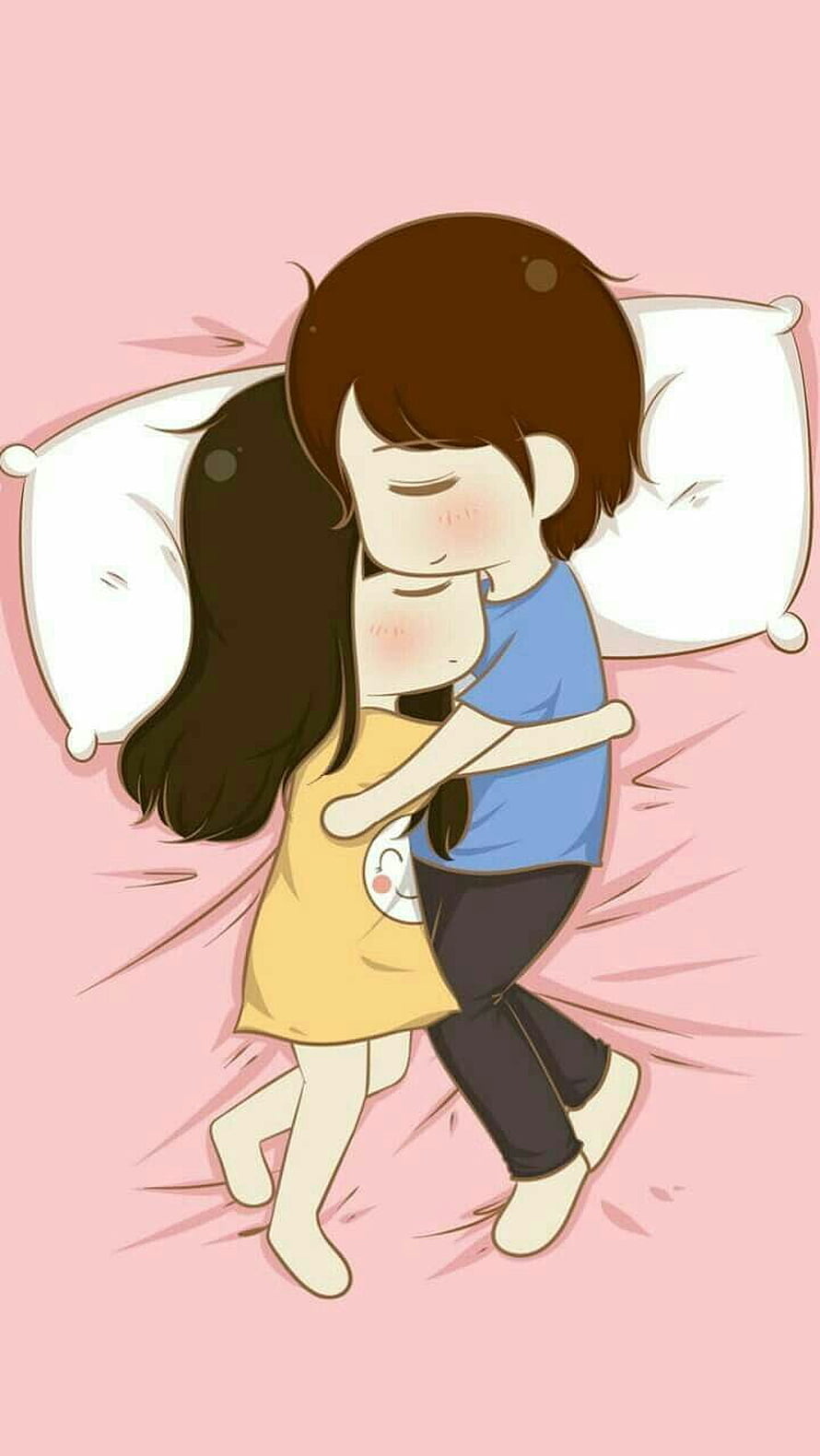 Cute Cartoon Couple Hugging in Bed with Soft Pink Background and White Pillows HD phone wallpaper