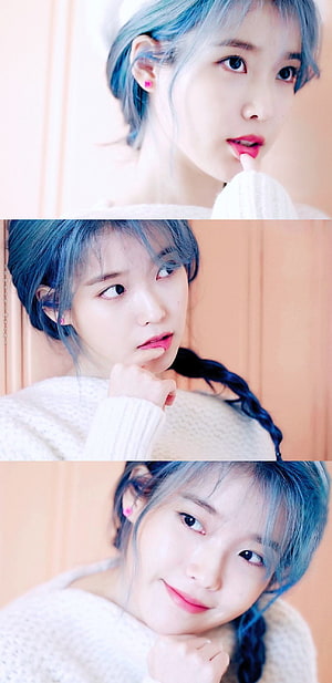 IU Blueming Aesthetic Portrait with Blue Hair and White Knit Sweater HD phone wallpaper