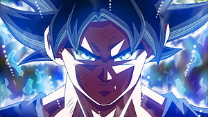 Son Goku Ultra Instinct Close-Up Portrait With Blue Aura And Intense Expression HD wallpaper