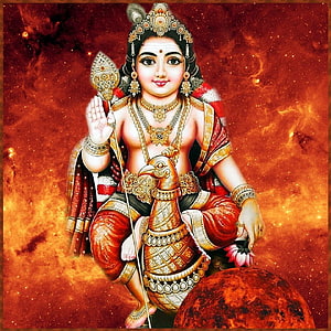 Lord Murugan Seated on Peacock with Vel and Lotus Against Cosmic Fire Background HD phone wallpaper