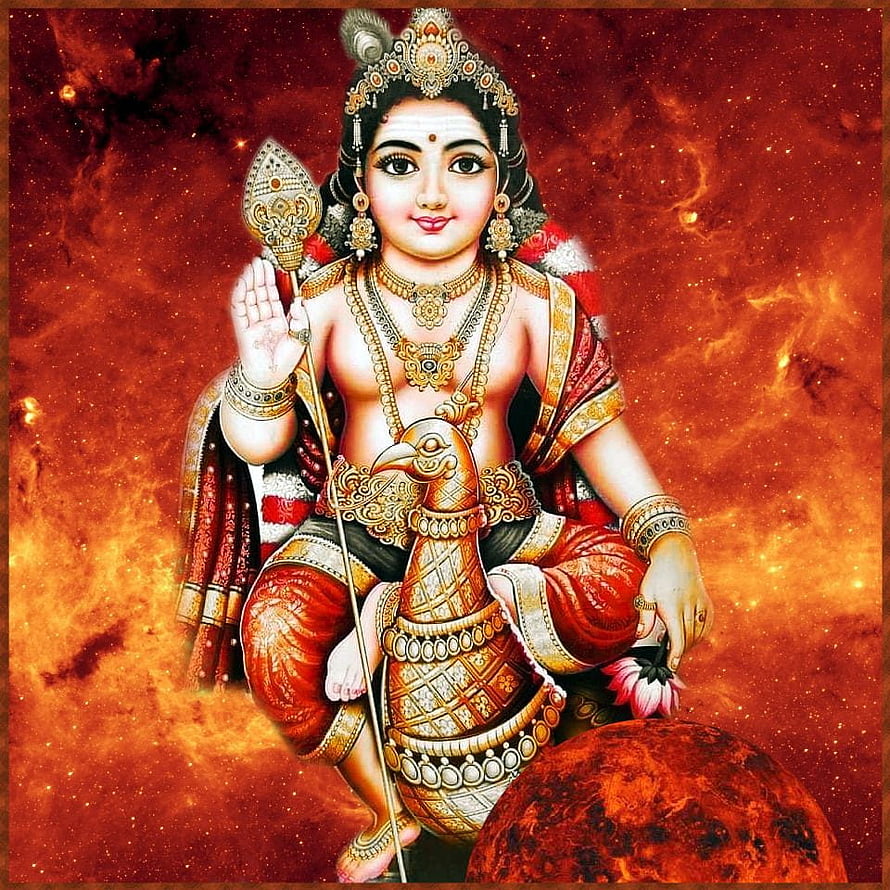 Lord Murugan Seated on Peacock with Vel and Lotus Against Cosmic Fire Background HD phone wallpaper