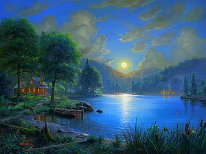 Moonlit Lake Cottage with Rowboat and Forested Hills in a Serene Nighttime Landscape HD wallpaper