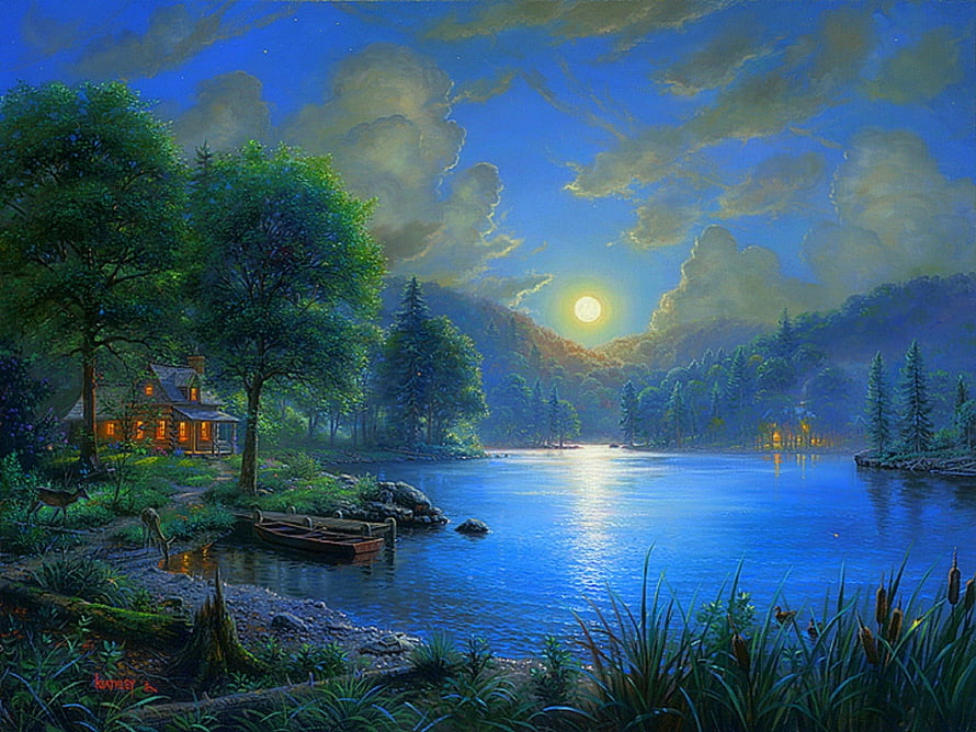 Moonlit Lake Cottage with Rowboat and Forested Hills in a Serene Nighttime Landscape HD wallpaper