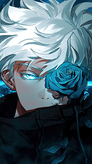 Gojo Satoru from Jujutsu Kaisen Holding a Blue Rose in Dark Anime Art HD phone wallpaper