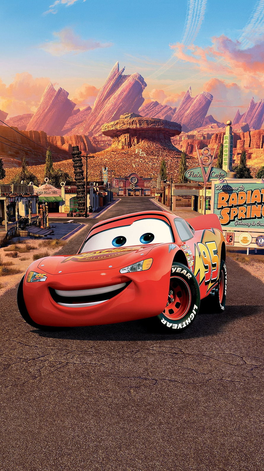 Lightning McQueen in Radiator Springs from the Cars franchise HD phone wallpaper