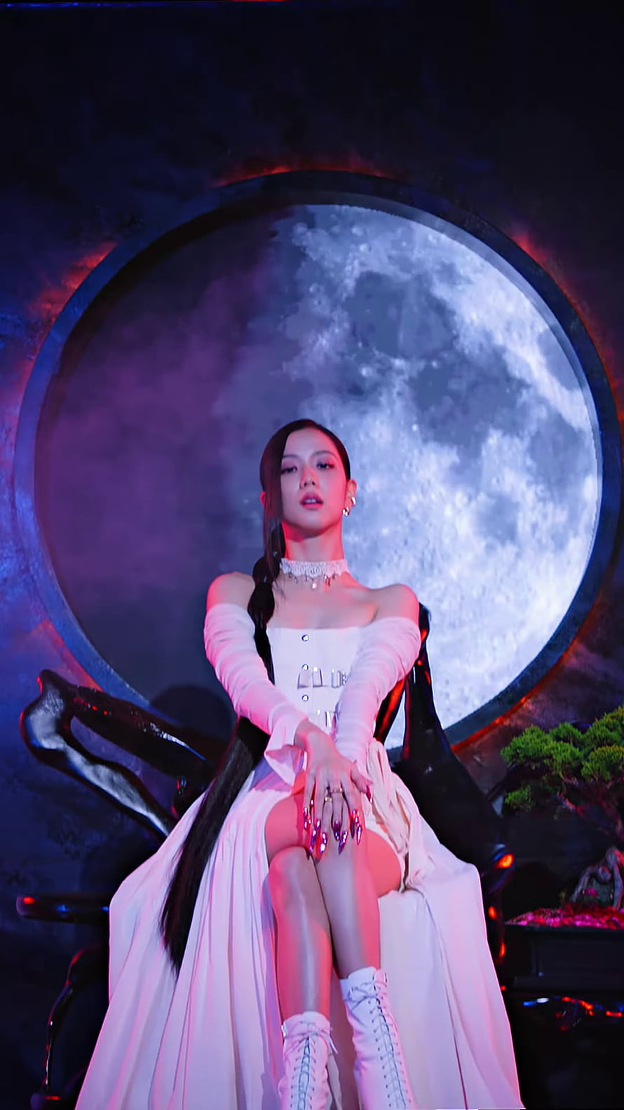 Jisoo from BLACKPINK in White Dress Seated Before Giant Moon in Pink Venom Music Video HD phone wallpaper