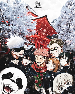 Jujutsu Kaisen Cast Group Portrait in Snowy Winter Landscape with Red Temple HD phone wallpaper