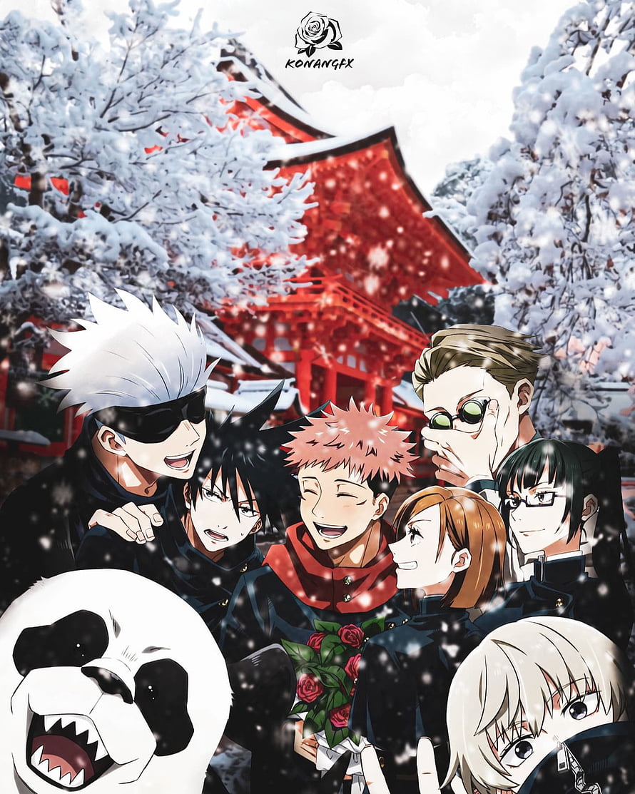 Jujutsu Kaisen Cast Group Portrait in Snowy Winter Landscape with Red Temple HD phone wallpaper