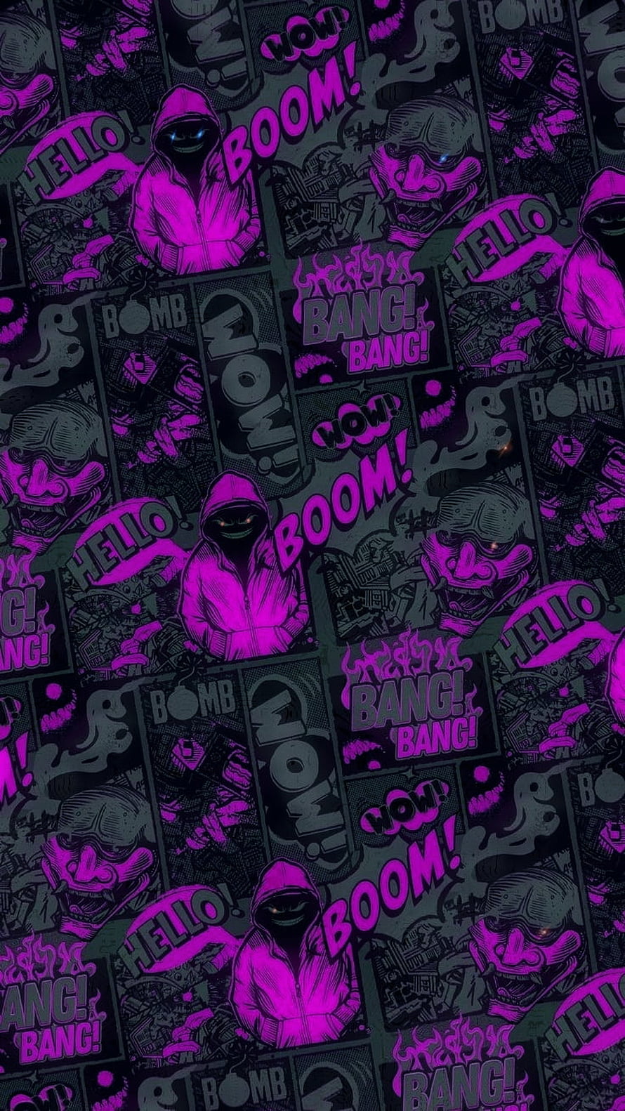 Boba Fett Comic Pattern with Onomatopoeia and Hooded Figures in Neon Purple HD phone wallpaper