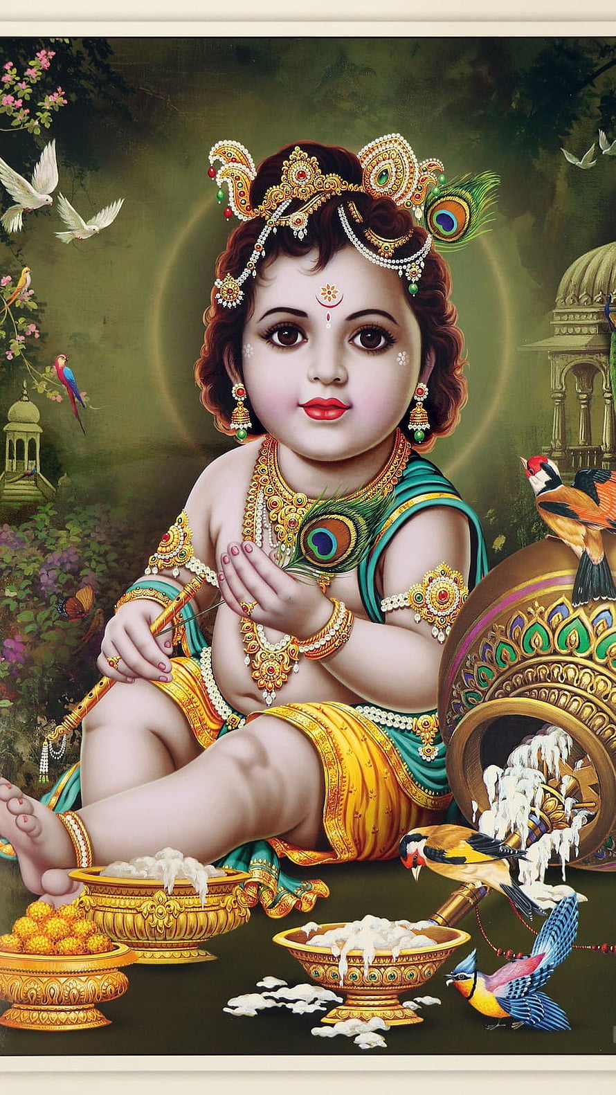 Baby Krishna Playing Flute with Butter and Peacock Feather in Divine Garden HD phone wallpaper