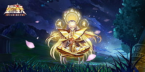 Saint Seiya Virgo Shaka Meditating in Golden Armor Under Starry Night Sky HD wallpaper