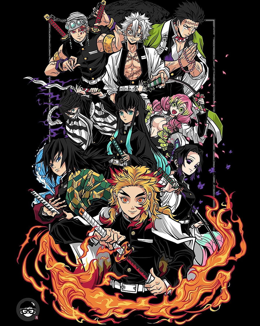 Demon Slayer Hashira Group Artwork with Tanjiro and Flame Breathing HD phone wallpaper
