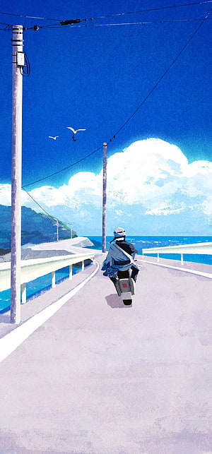 Gintama anime illustration of a character riding a scooter along a coastal road under a bright blue sky HD phone wallpaper