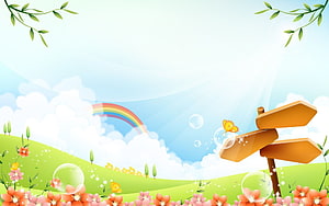 Whimsical Spring Meadow with Rainbow, Wooden Signpost, and Blooming Flowers HD wallpaper