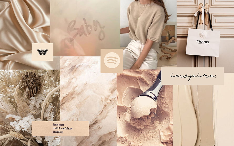 Beige Aesthetic Mood Board with Silk, Marble, and Dried Flowers HD wallpaper