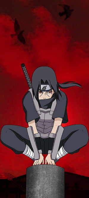 Itachi Uchiha from Naruto in a crouched stance against a dramatic red sky with crows HD phone wallpaper