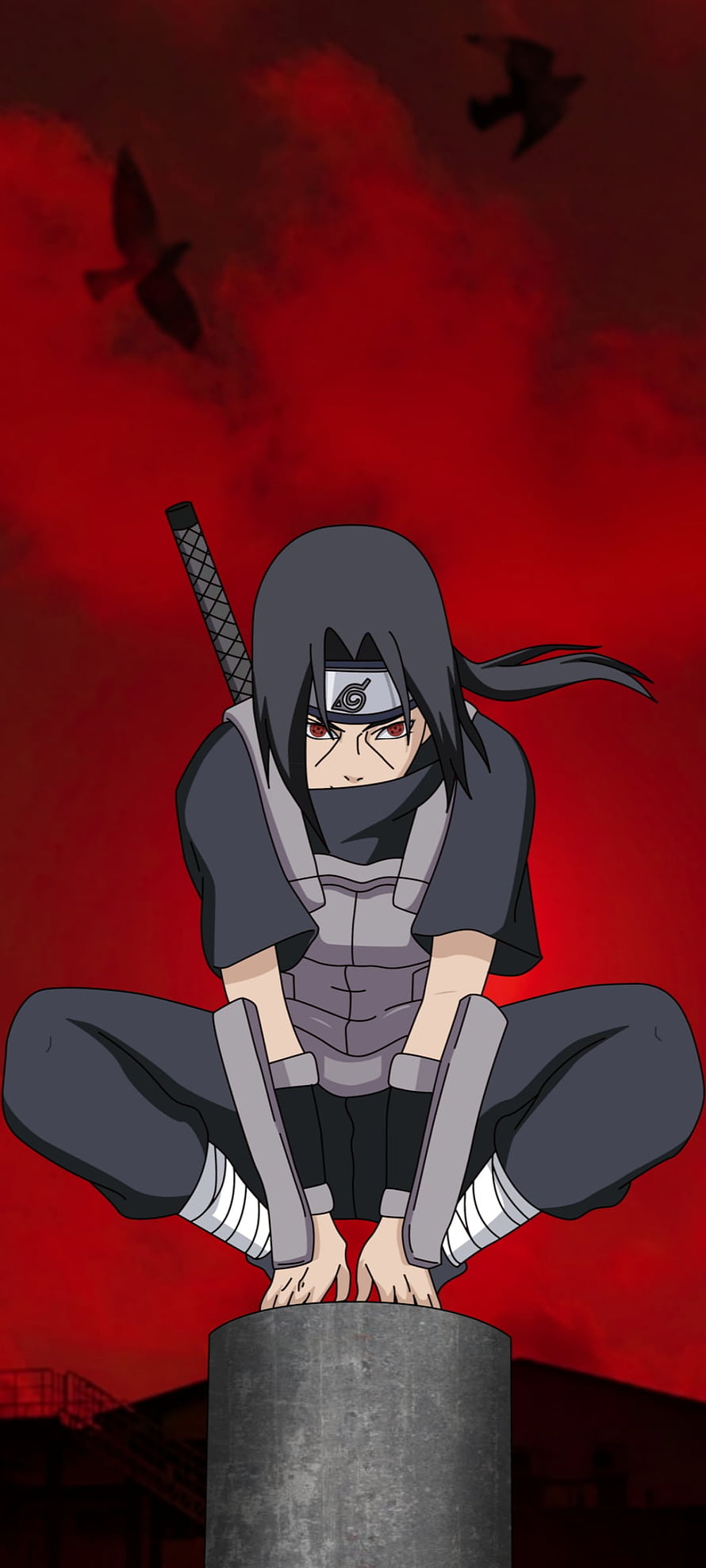 Itachi Uchiha from Naruto in a crouched stance against a dramatic red sky with crows HD phone wallpaper