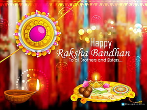 Festive Raksha Bandhan Greeting Card with Traditional Rakhi, Diya, and Sweets HD wallpaper