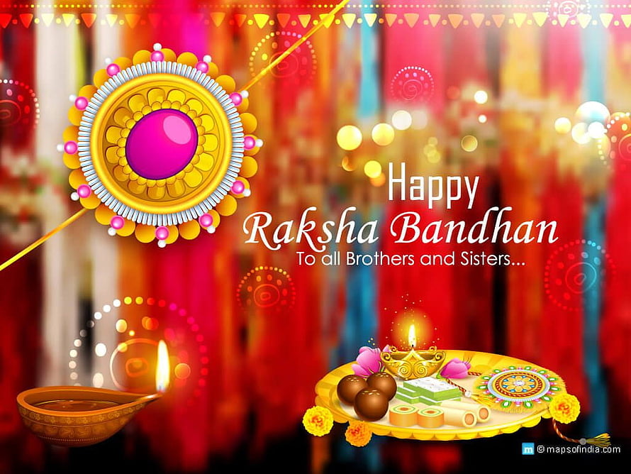 Festive Raksha Bandhan Greeting Card with Traditional Rakhi, Diya, and Sweets HD wallpaper