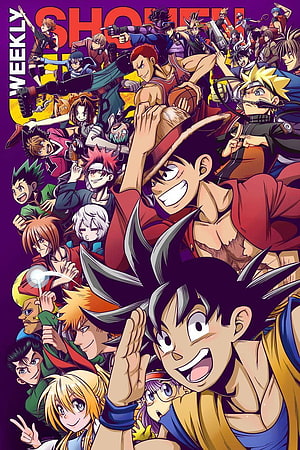 Weekly Shonen Jump 2016 Cover Art Featuring Luffy, Goku, and Naruto in a Vibrant Anime Mashup HD phone wallpaper