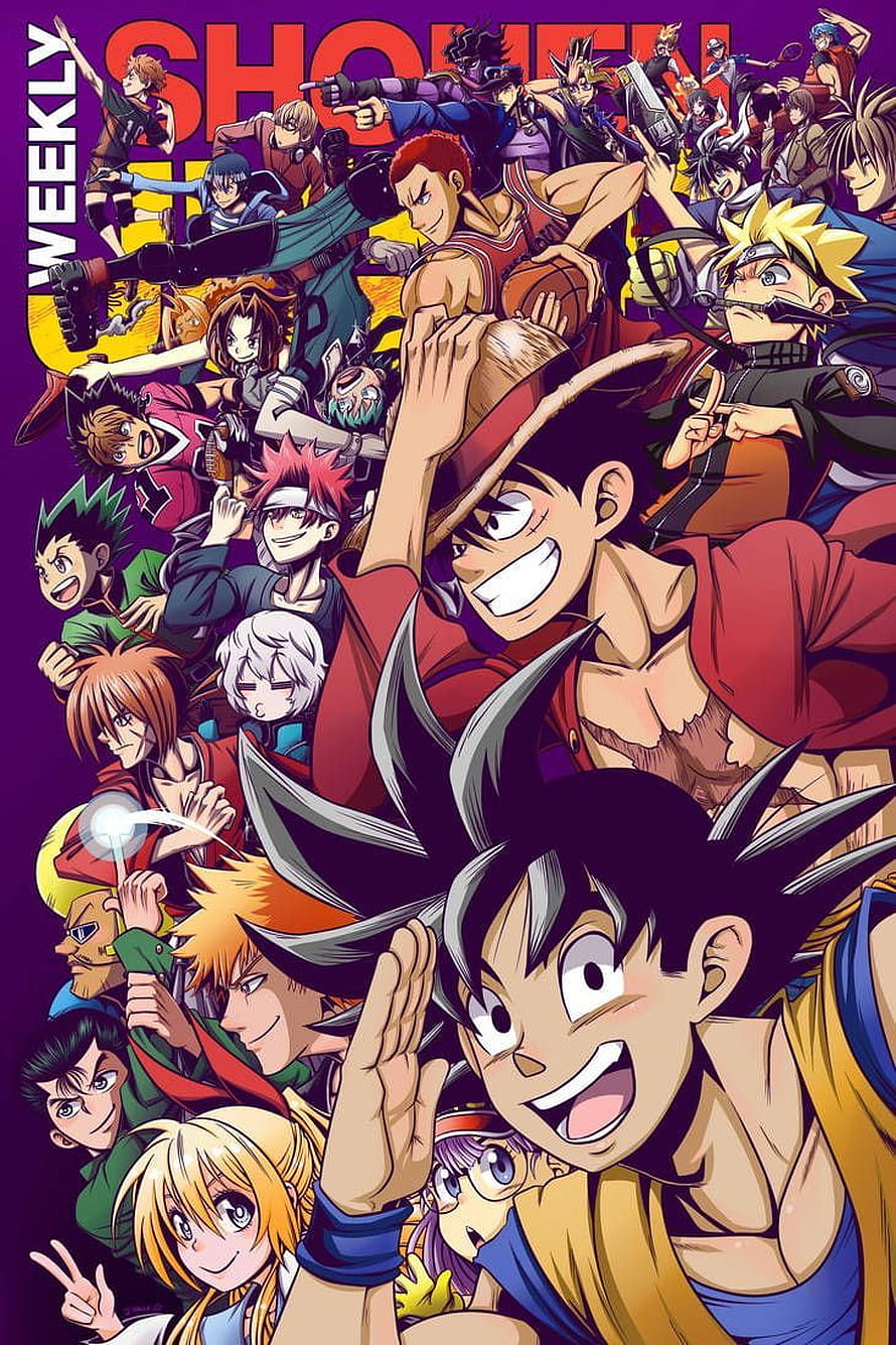 Weekly Shonen Jump 2016 Cover Art Featuring Luffy, Goku, and Naruto in a Vibrant Anime Mashup HD phone wallpaper