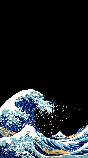 Great Wave off Kanagawa Ukiyo-e Print with Mount Fuji and Fishing Boats on Black Background HD phone wallpaper