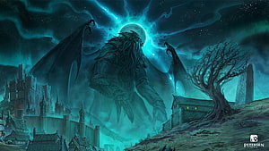 Cthulhu Mythos Cosmic Horror Illustration with Ancient One Over Dark Medieval City HD wallpaper